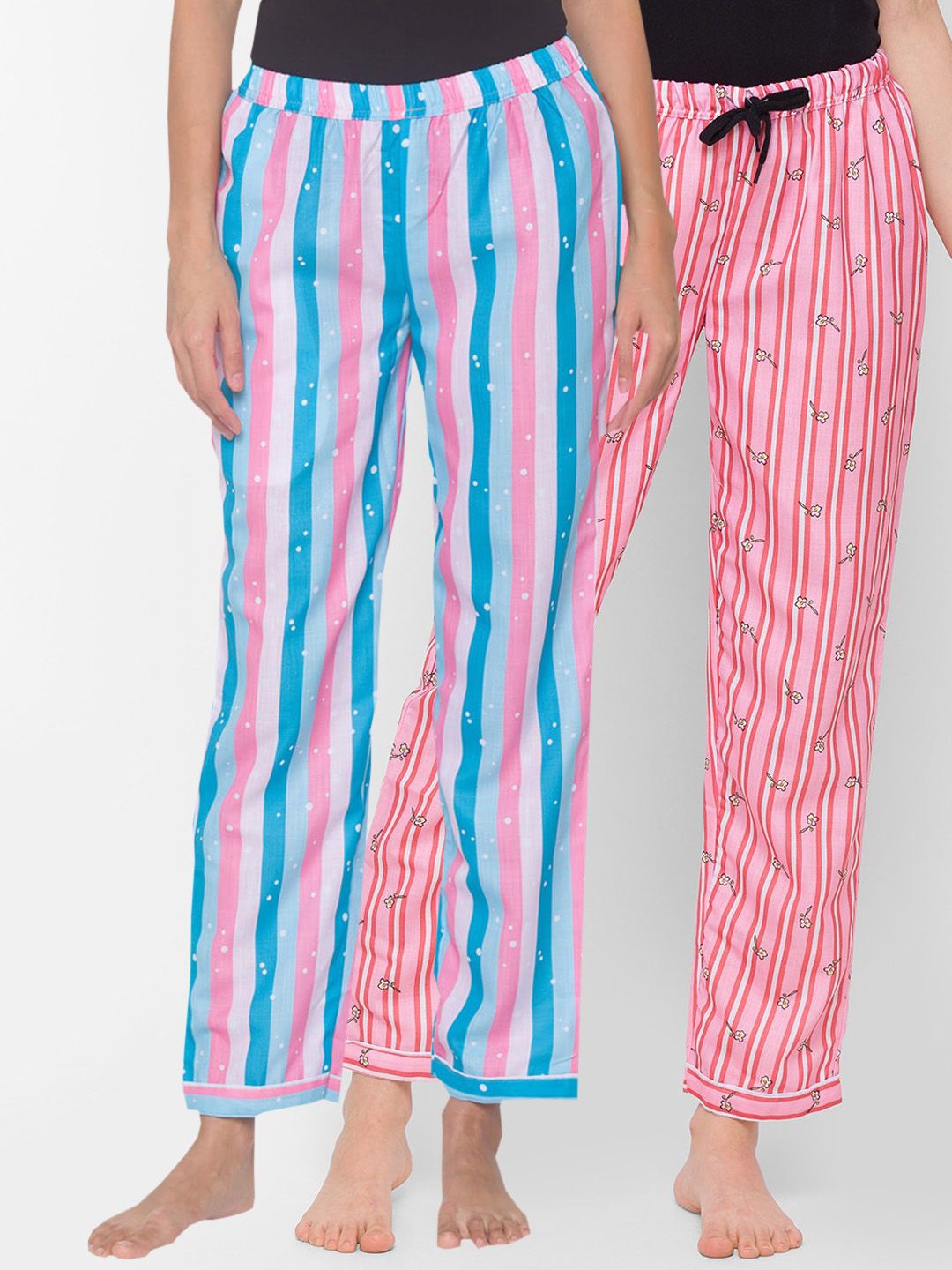 FashionRack Pack of 2 Women Pink & Blue Striped Lounge Pants Price in India