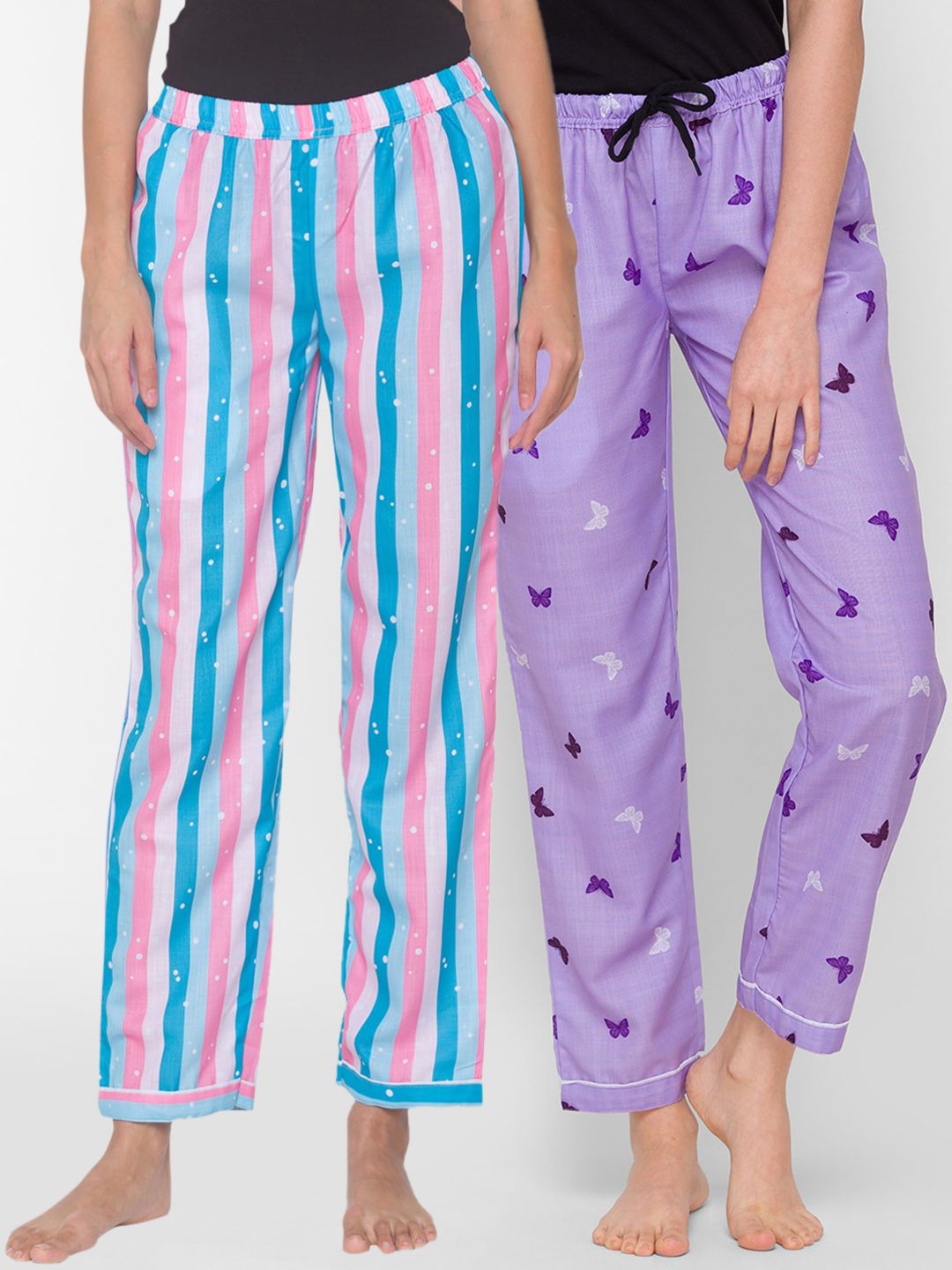 FashionRack Pack of 2 Purple & Blue Printed Cotton Lounge Pants Price in India