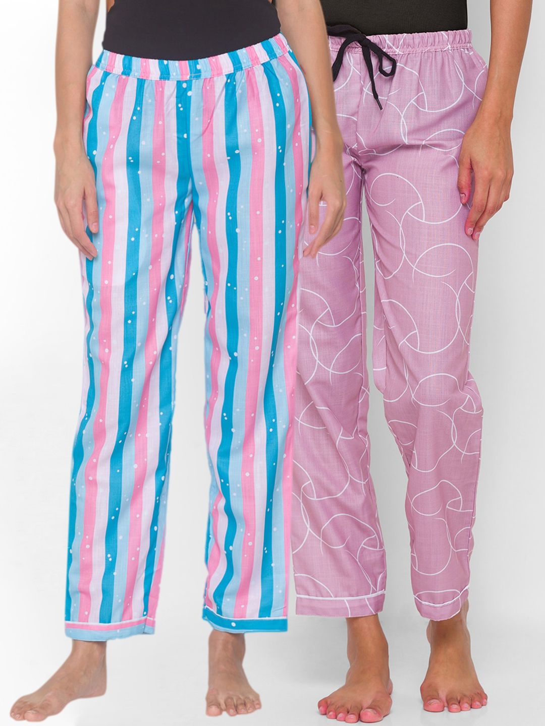 FashionRack Pack of 2 Women Blue & Pink Printed Cotton Lounge Pants Price in India