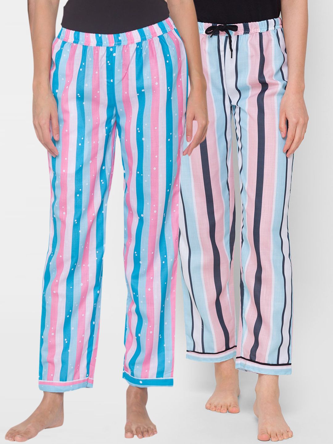 FashionRack Women Pack of 2 Blue & Pink Printed Cotton Lounge Pants Price in India