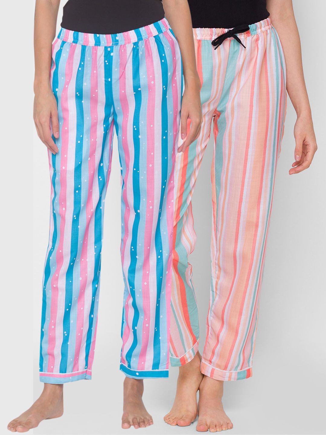 FashionRack Women Blue & Pink Pack of 2 Striped Lounge Pants Price in India