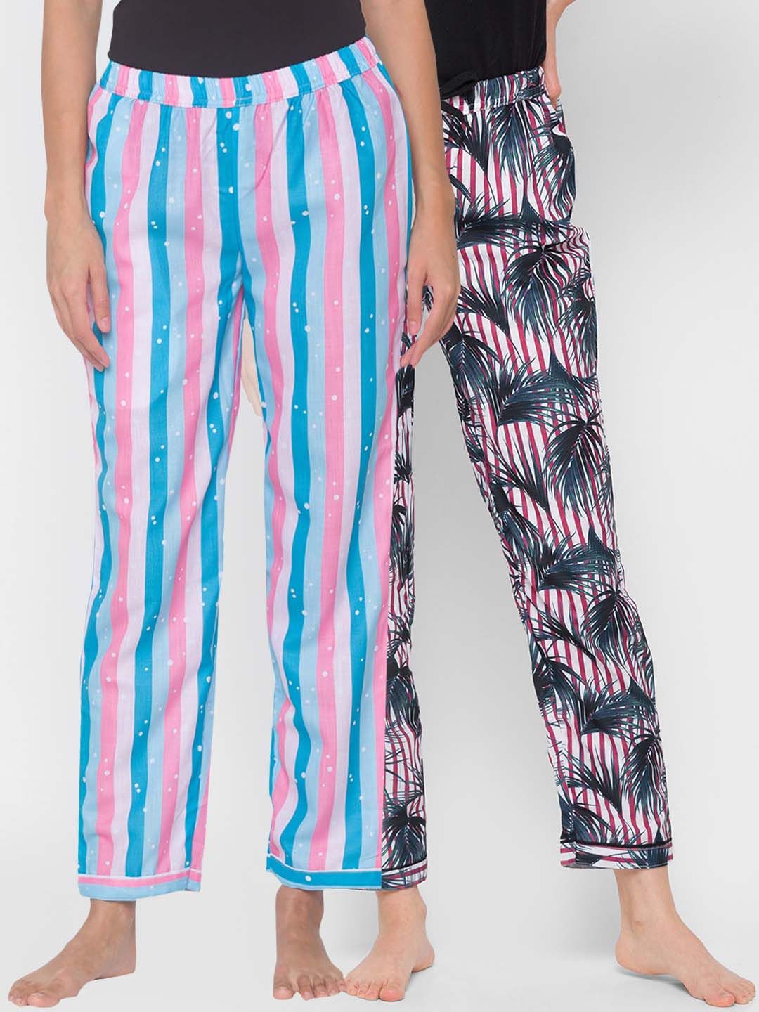 FashionRack Women Pack of 2 Blue & Red Printed Lounge Pants Price in India