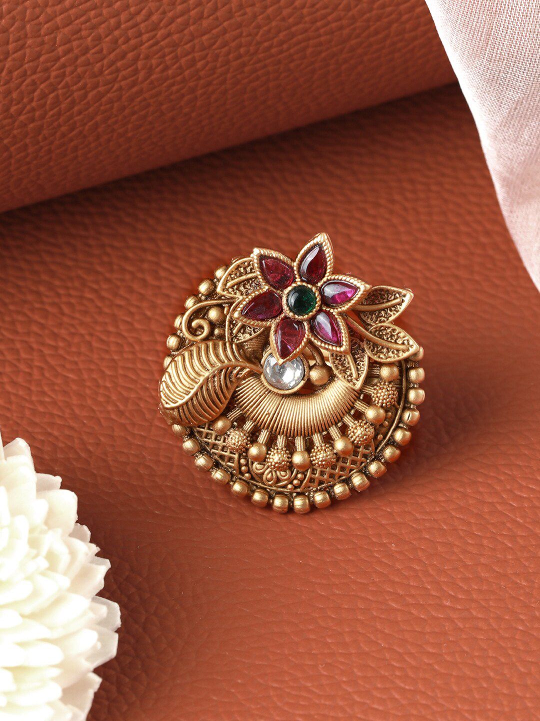 Priyaasi Gold-Plated White & Pink Stone-Studded Adjustable Finger Ring Price in India