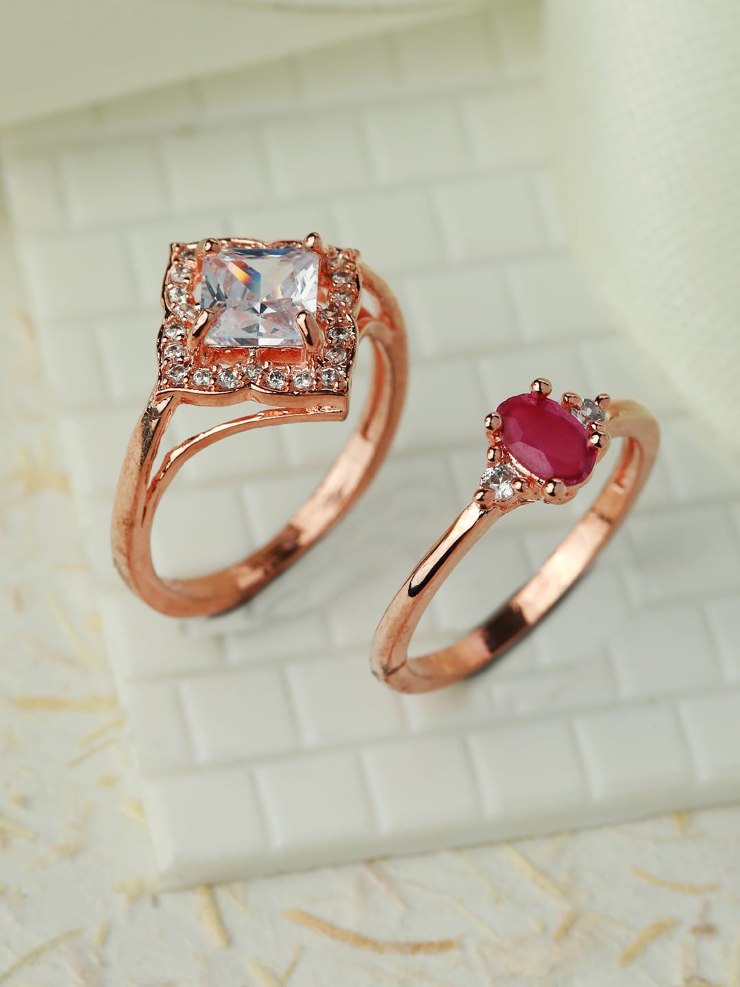 Priyaasi Set Of 2 Rose Gold-Plated White & Pink AD-Studded Adjustable Finger Rings Price in India