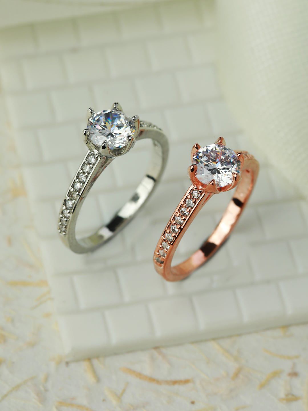 Priyaasi Women Set Of 2 Silver & Rose Gold-Plated AD-Studded Finger Rings Price in India