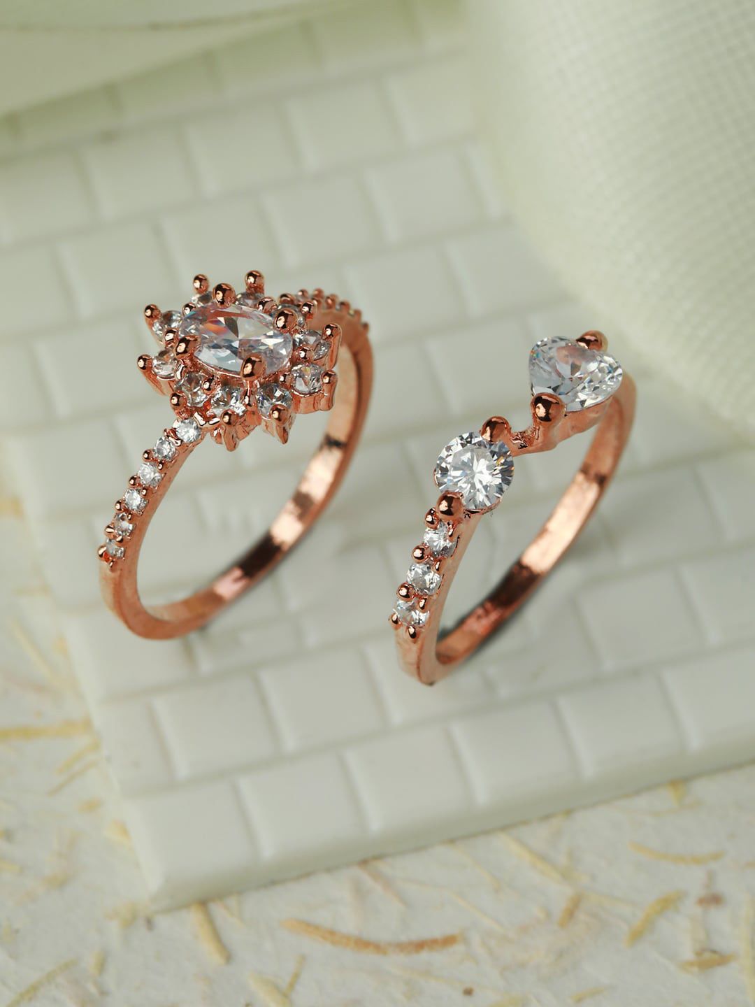 Priyaasi Set of 2 Rose Gold-Plated AD Studded Ring Set Price in India