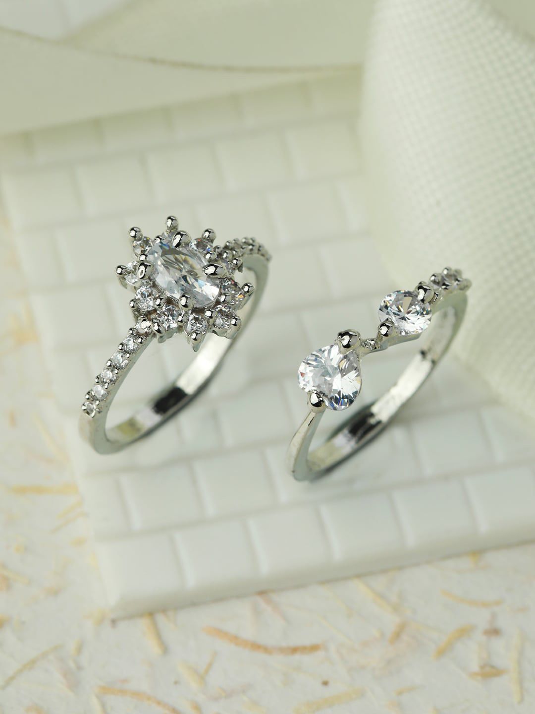 Priyaasi Women Set Of 2 Silver Plated AD Studded Finger Rings Price in India