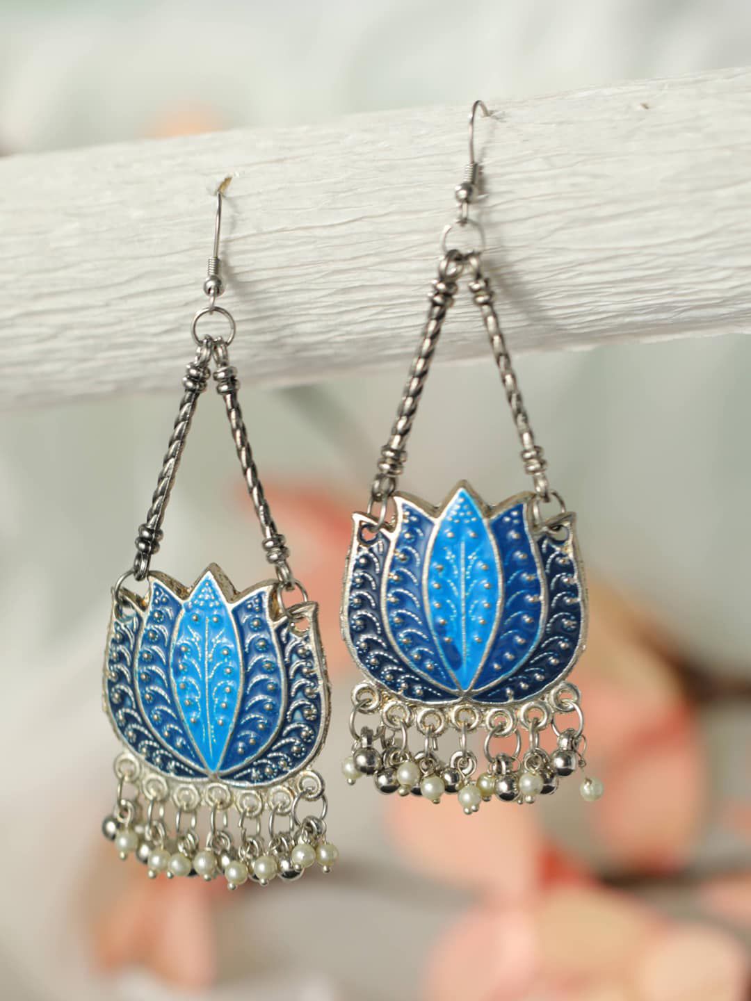 Priyaasi Blue Oxidised Silver-Plated Lotus Pearl Drop Earrings Price in India