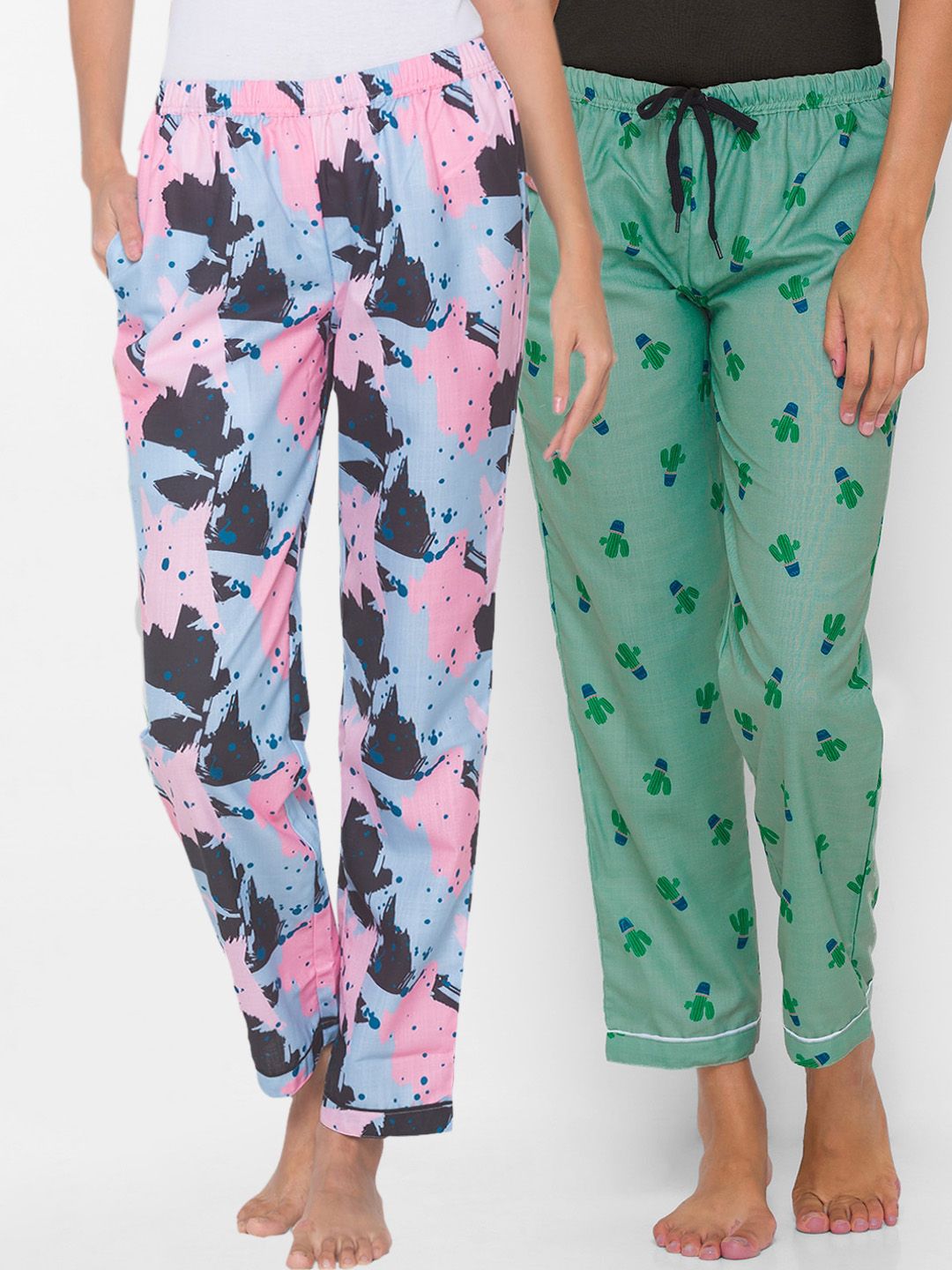 FashionRack Blue & Green Pack Of 2 Printed Cotton Lounge Pants Price in India