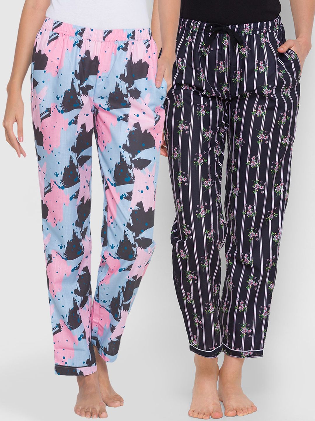 FashionRack Women Pack Of 2 Blue & Black Printed Lounge Pants Price in India