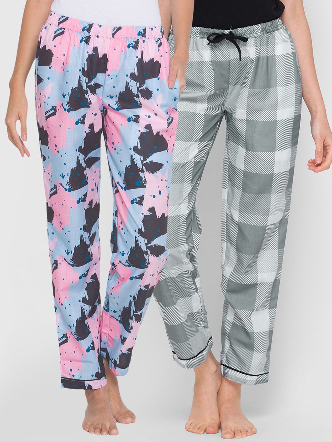 FashionRack Women Pack of 2 Blue & Grey Printed Cotton Lounge Pants Price in India