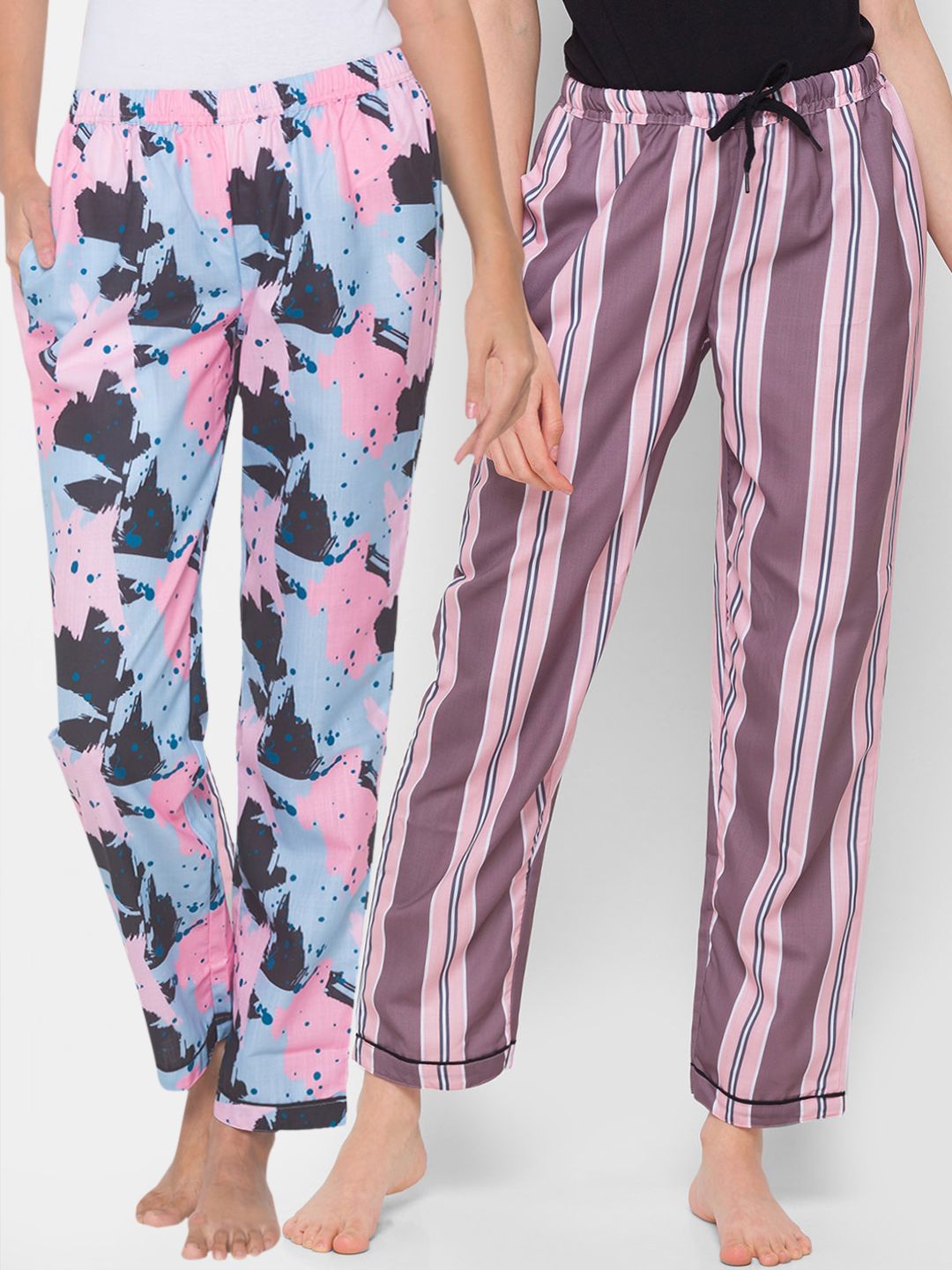 FashionRack Women Pack of 2 Blue & Pink Printed Lounge Pants Price in India