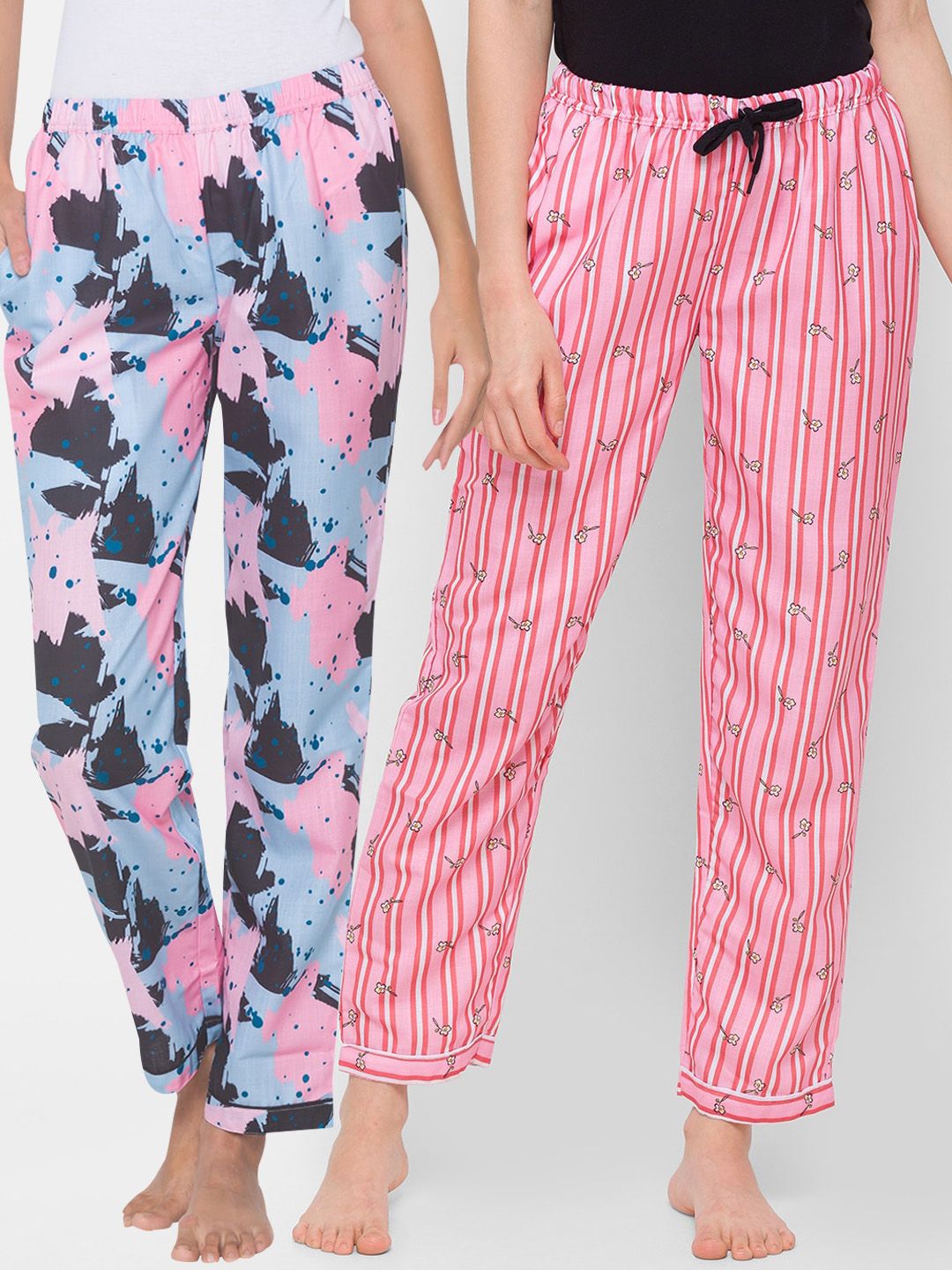 FashionRack Women Blue & Pink Pack of 2 Printed Lounge Pants Price in India