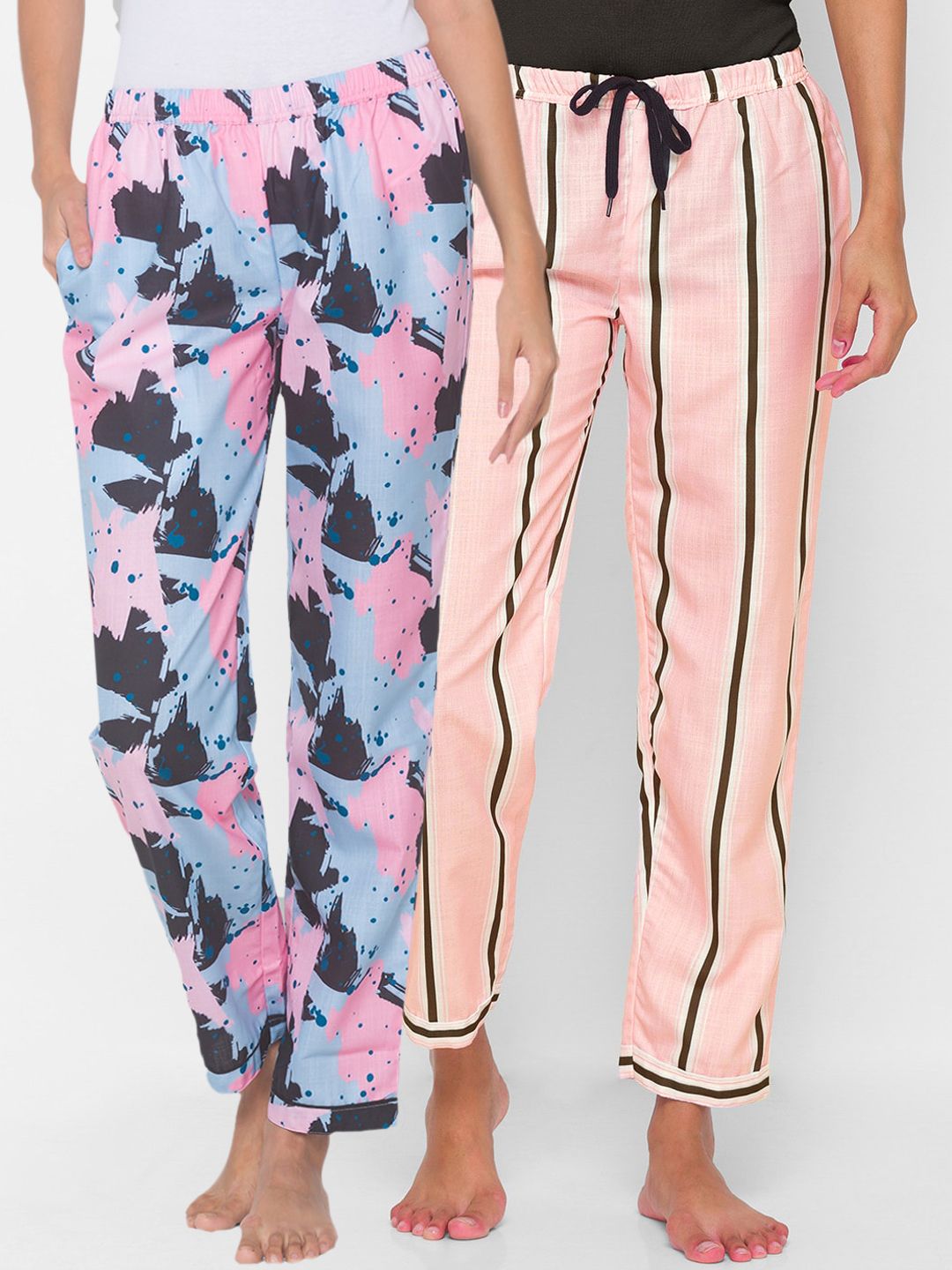 FashionRack Pack of 2 Women Blue & Pink Printed Lounge Pants Price in India