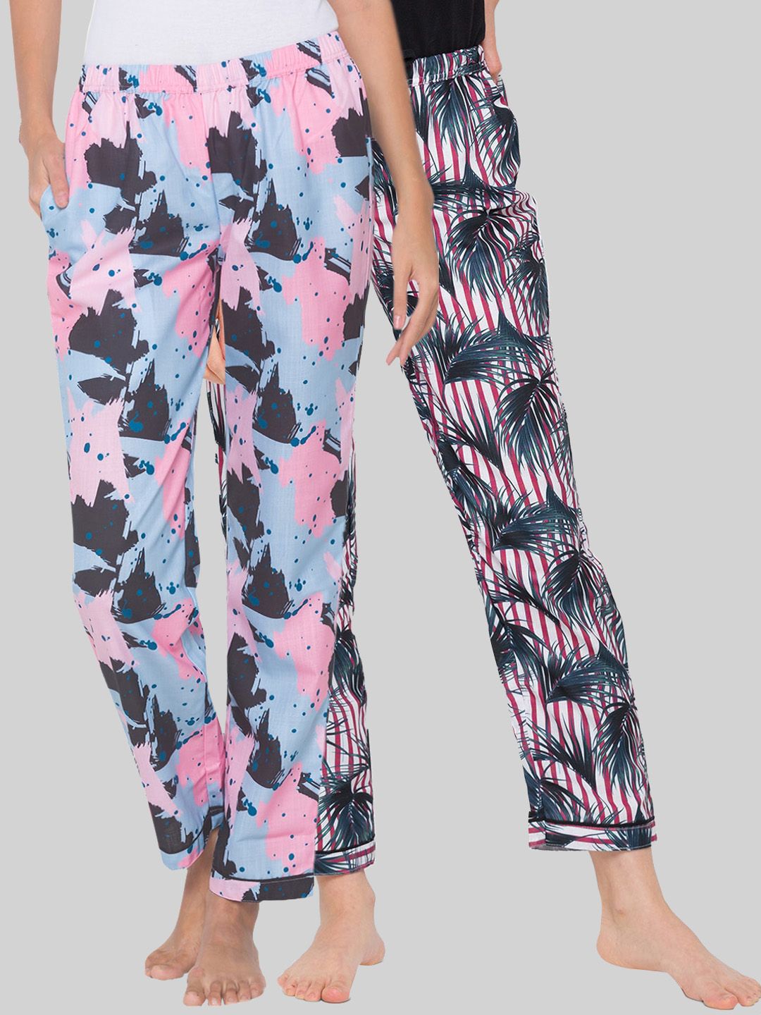 FashionRack Pack of 2 Blue & Red Printed Cotton Lounge Pants Price in India