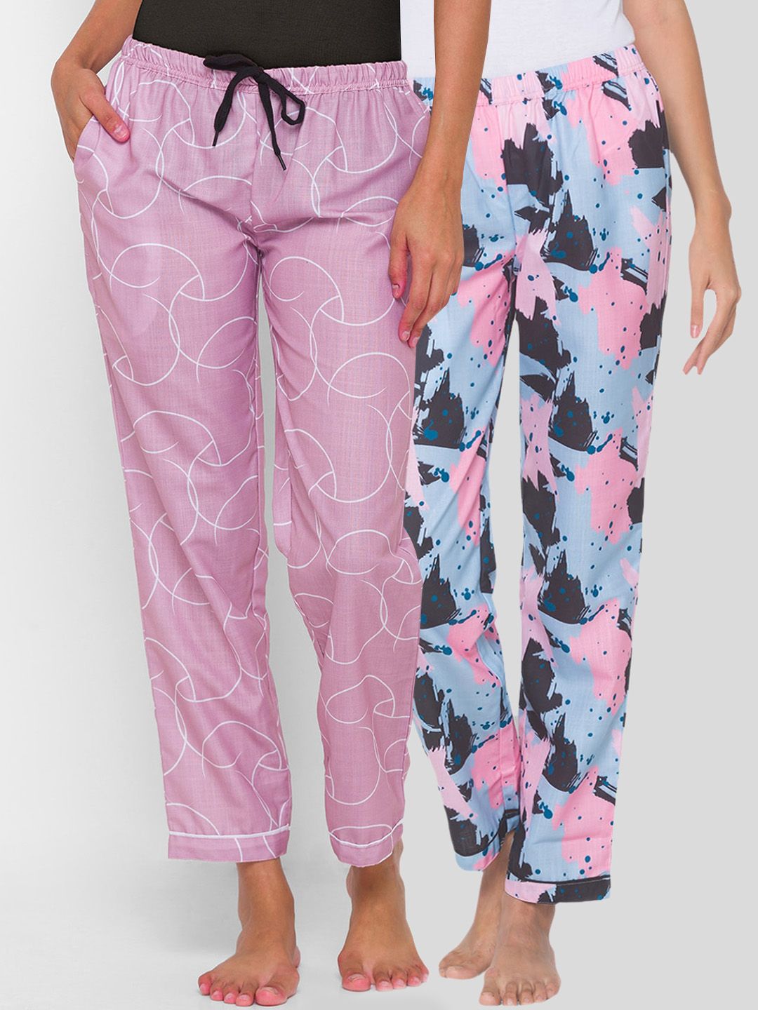 FashionRack Women Pack of 2 Blue & Pink Printed Cotton Lounge Pants Price in India