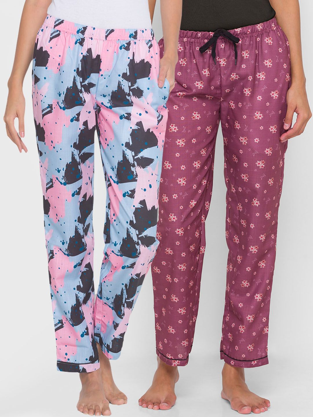 FashionRack Women Pack of 2 Blue & Purple Printed Cotton Lounge Pants Price in India