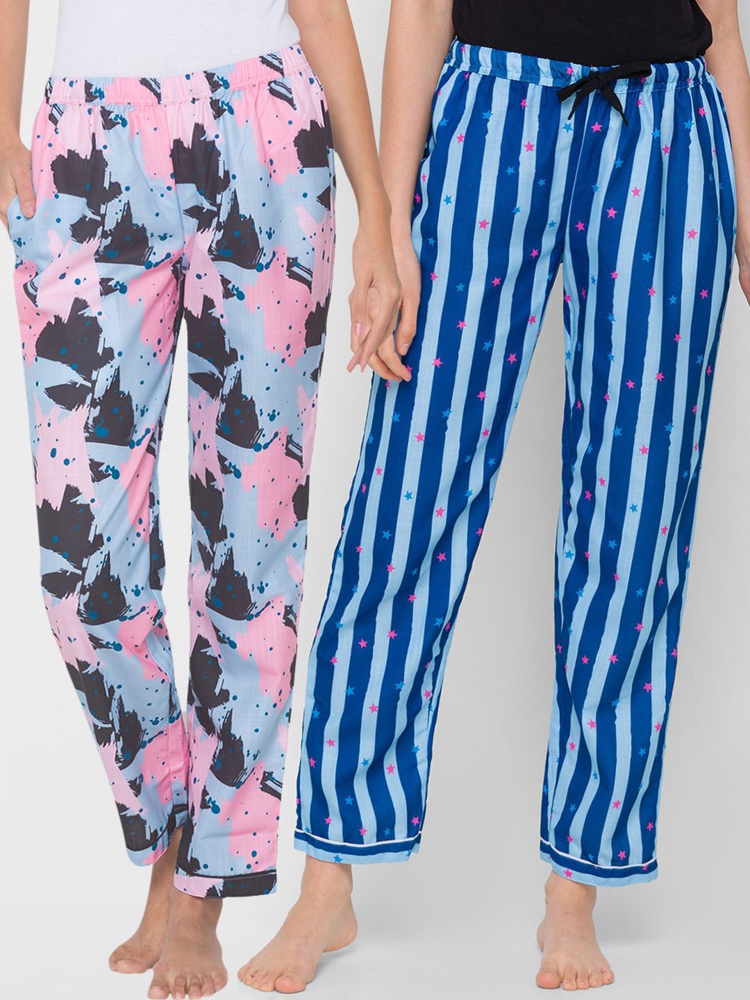 FashionRack Women Pack of 2 Blue & Pink Printed Cotton Lounge Pants Price in India