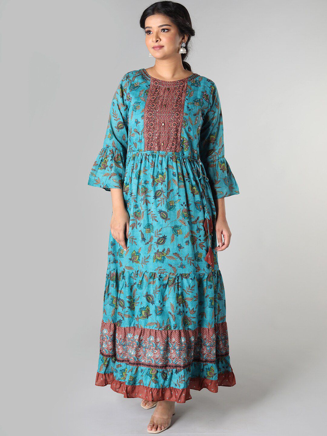 taruni Women Blue & Brown Floral Printed Bell Sleeves Floral Anarkali Kurta Price in India