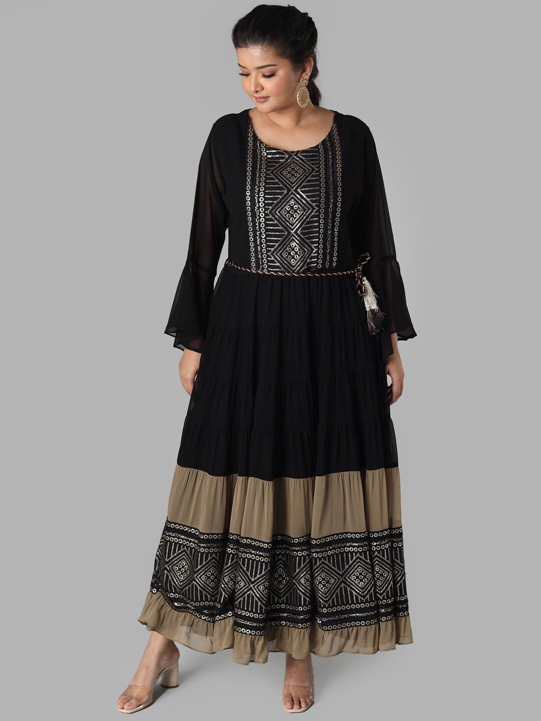 Taruni Women Black & Beige Bell Sleeves Georgette Anarkali Kurta Price in India