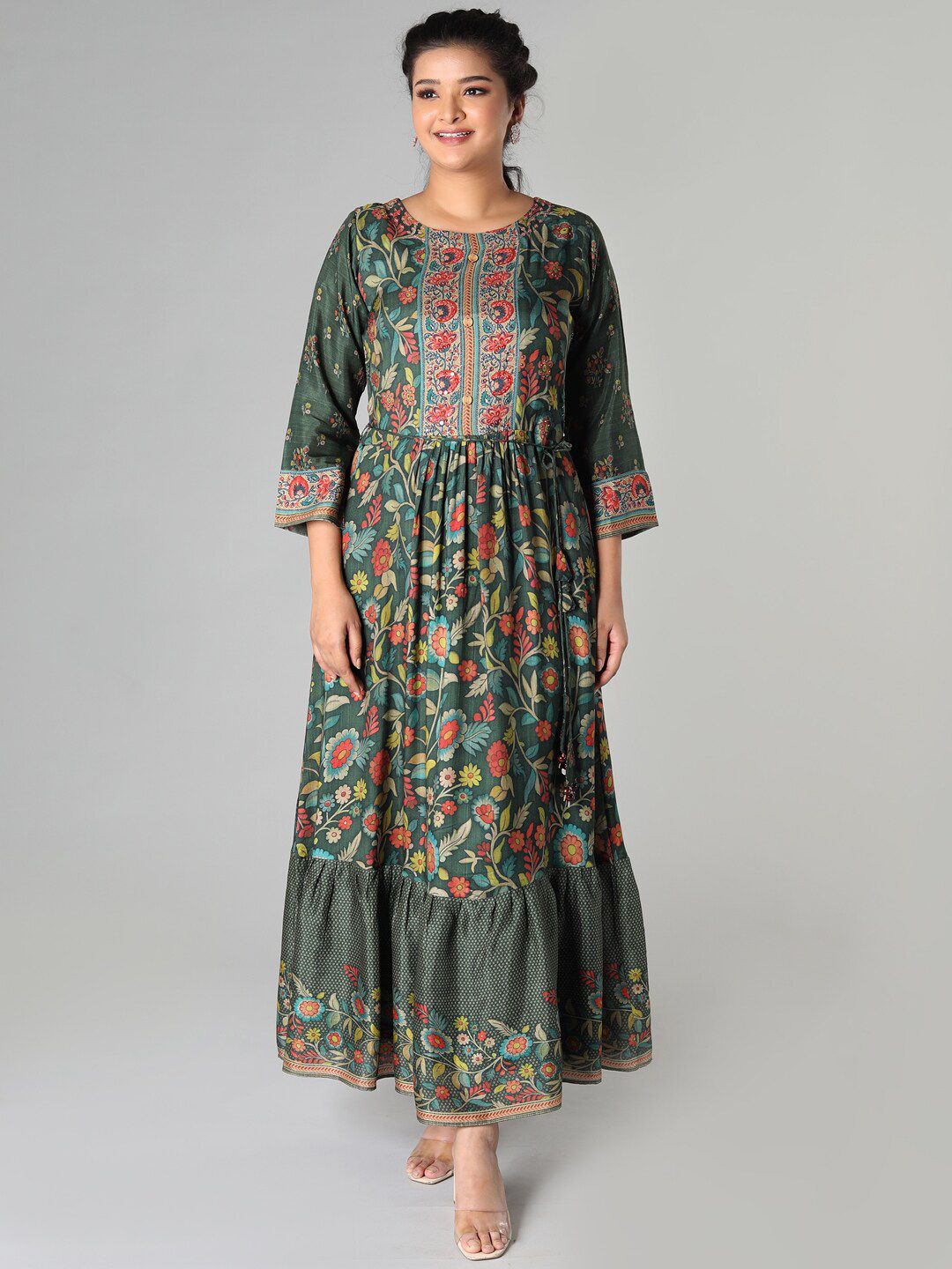 taruni Green & Red Ethnic Motifs Ethnic Maxi Dress Price in India