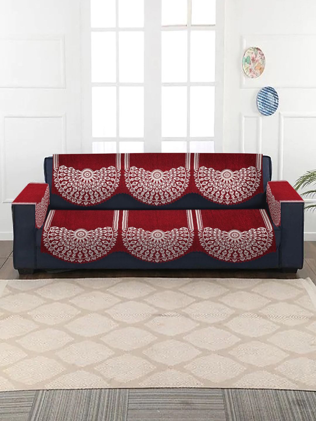 HOSTA HOMES Set of 8 Maroon Jacquard Velvet 3 Seater Sofa Cover Set Price in India