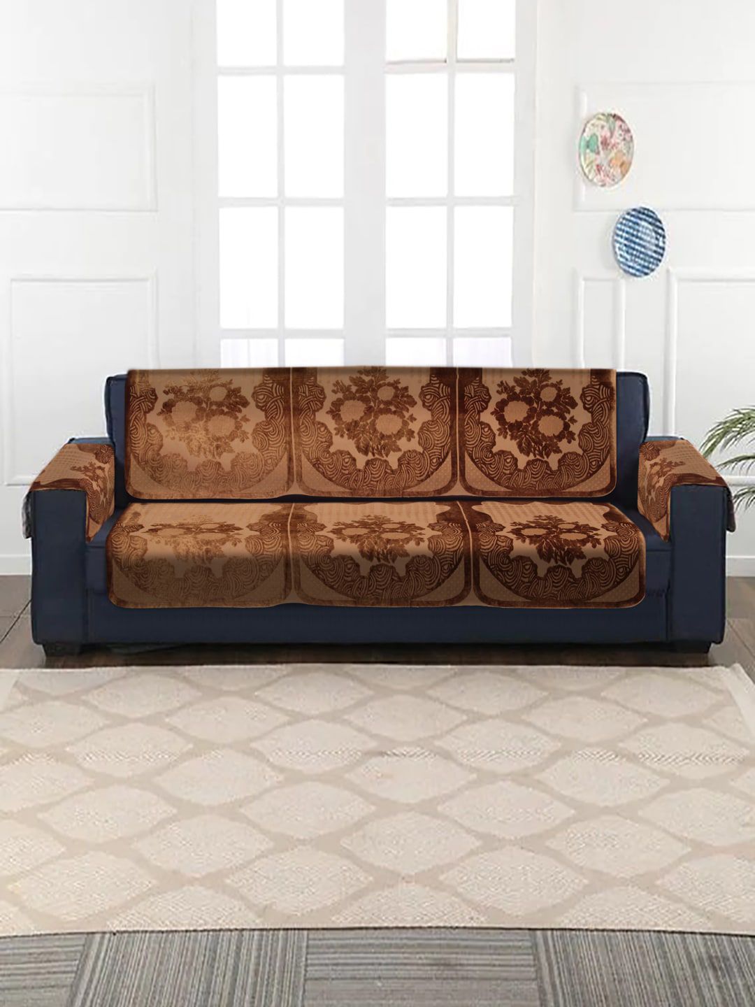 HOSTA HOMES Set Of 8 Brown Self Design Velvet Three Seater Sofa Cover Price in India