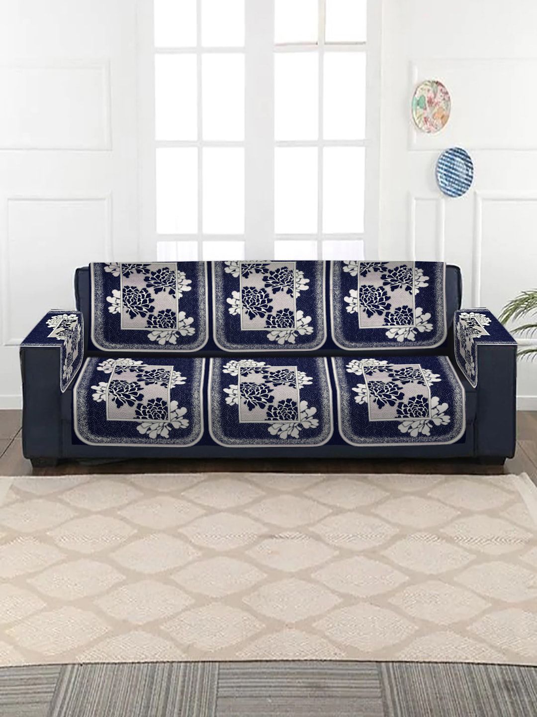 HOSTA HOMES Navy Blue Self Design Jacquard 3 Seater Sofa Cover Price in India