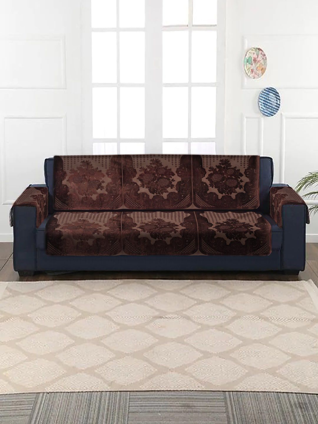 HOSTA HOMES Set of 8 Coffee Brown 3 Seater Sofa Cover with Arm Rest Price in India