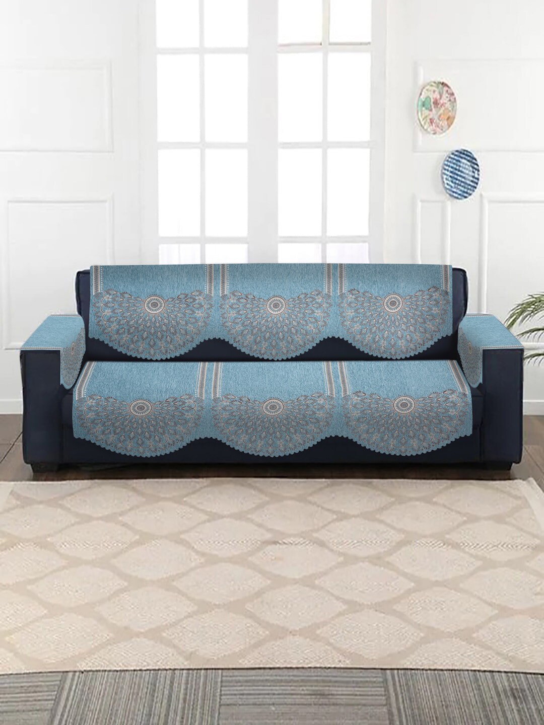 HOSTA HOMES Blue Self Design Jacquard 3 Seater Sofa Cover Price in India
