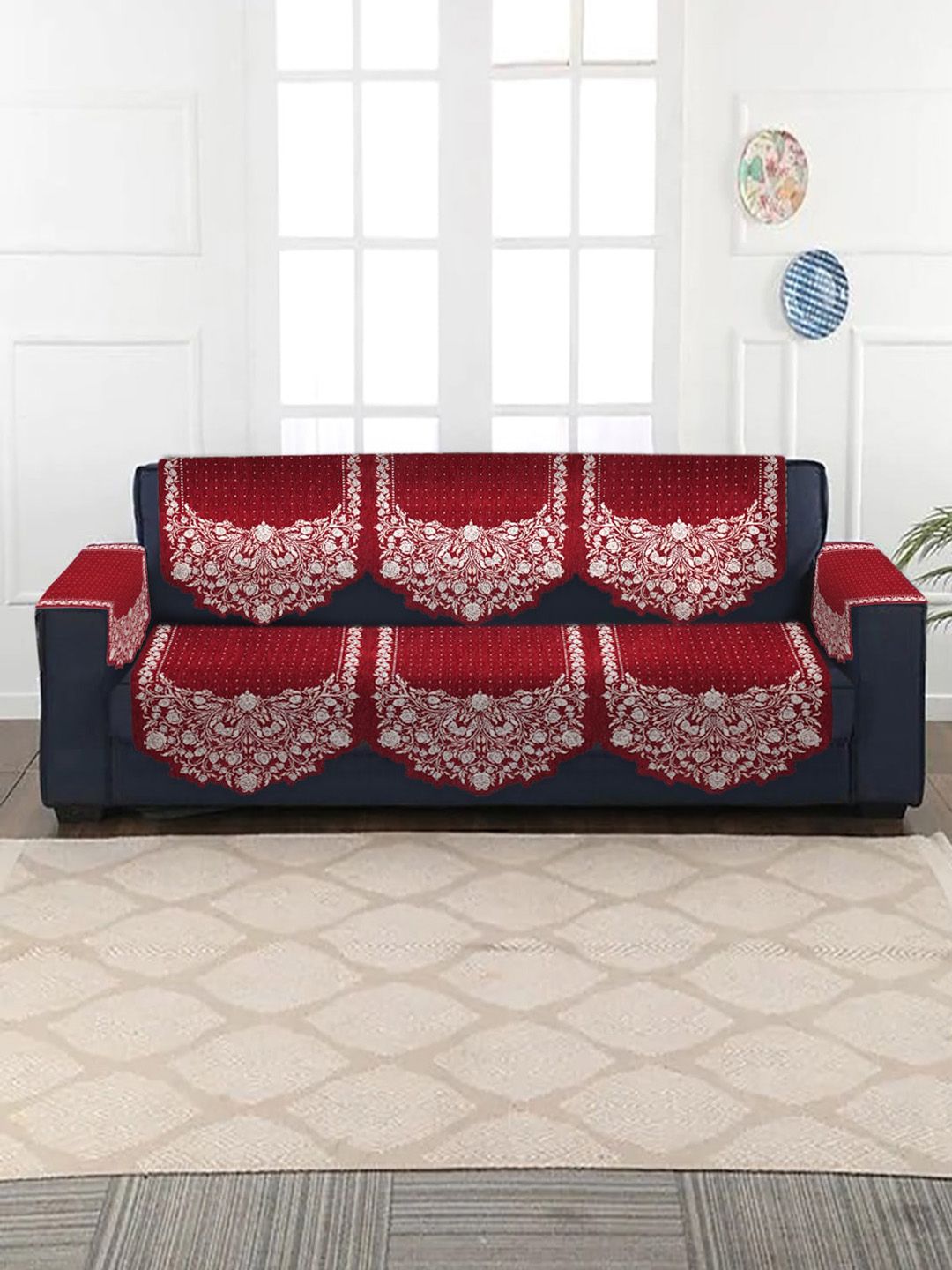 HOSTA HOMES 4 Pieces Red & White Self Design Velvet 3 Seater Sofa Cover Price in India
