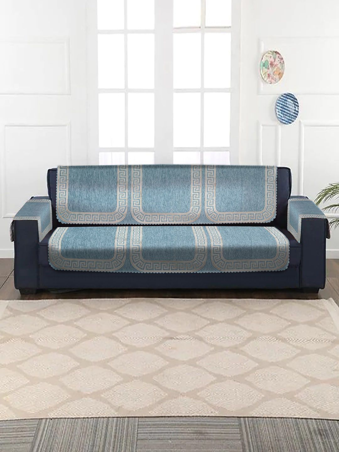 HOSTA HOMES 4 Pieces Blue & Beige Self Design Velvet 3 Seater Sofa Cover Price in India