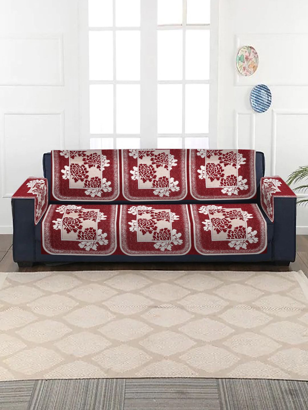 HOSTA HOMES 8 Pieces Maroon Self Design Jacquard Velvet 3 Seater Sofa Cover Price in India