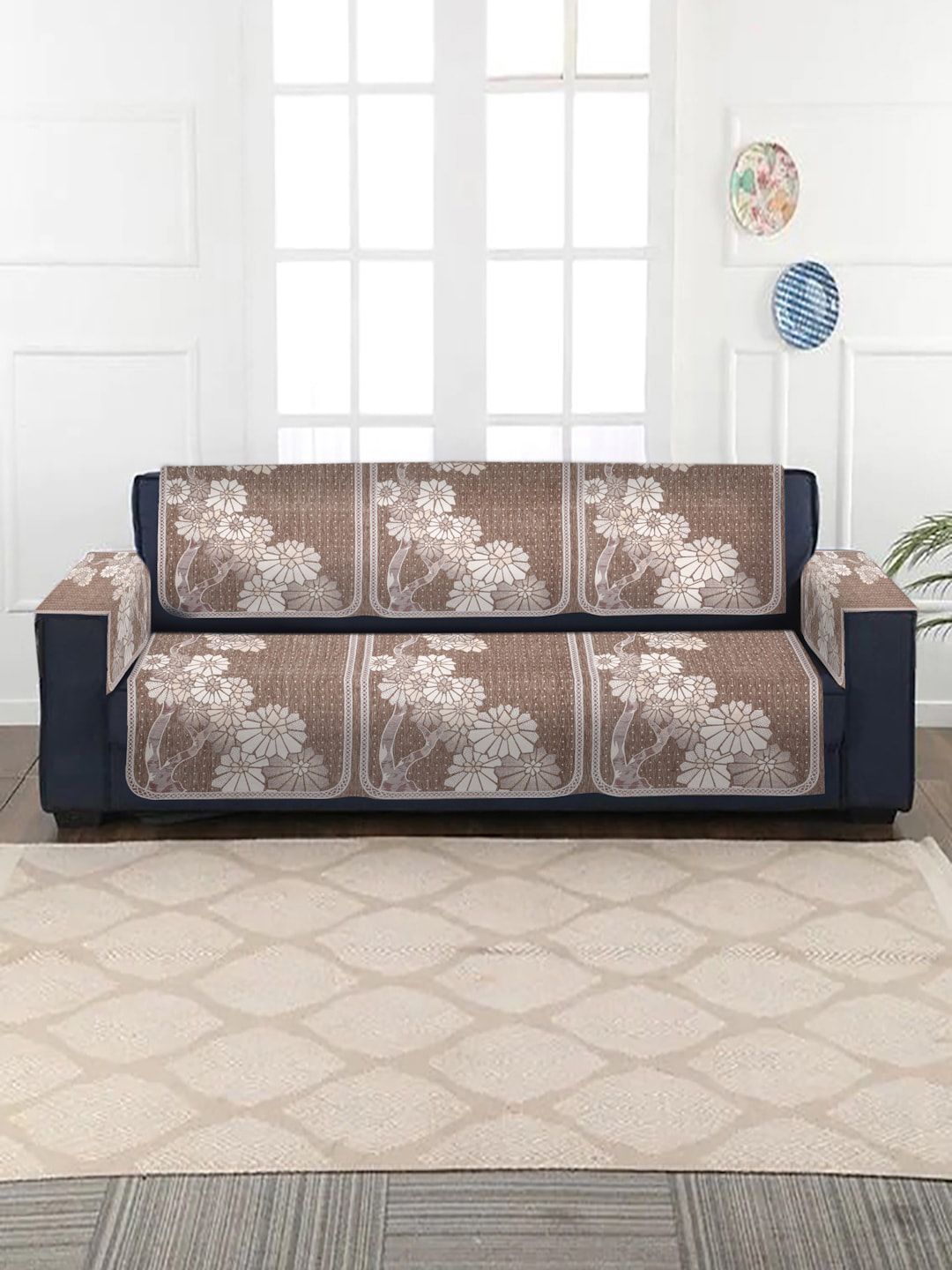 HOSTA HOMES 8 Pieces Beige Self Design Jacquard Velvet 3 Seater Sofa Cover Price in India