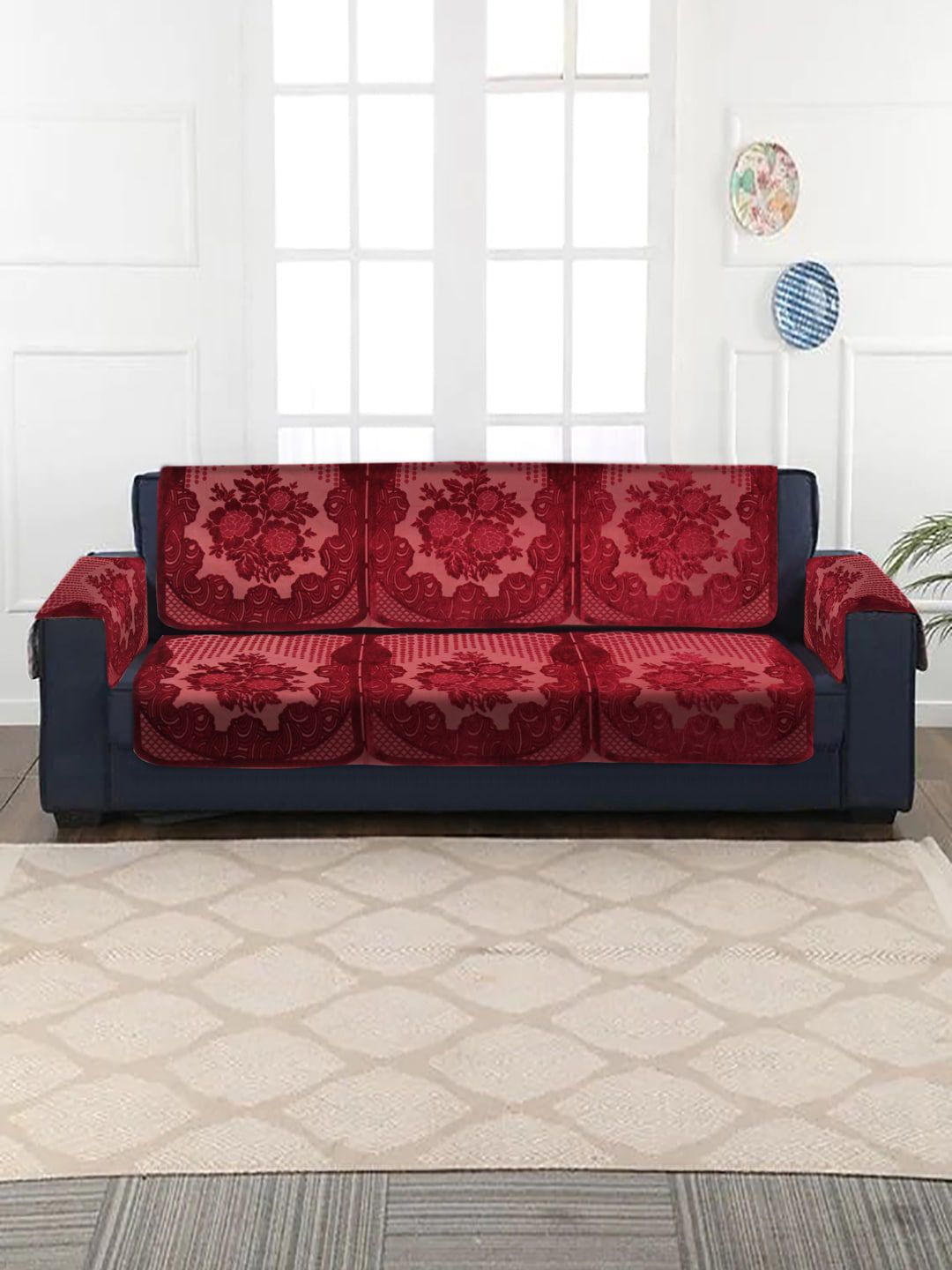 HOSTA HOMES Maroon Floral Embossed Velvet 3 Seater Sofa Cover With Arm Rest Covers Price in India