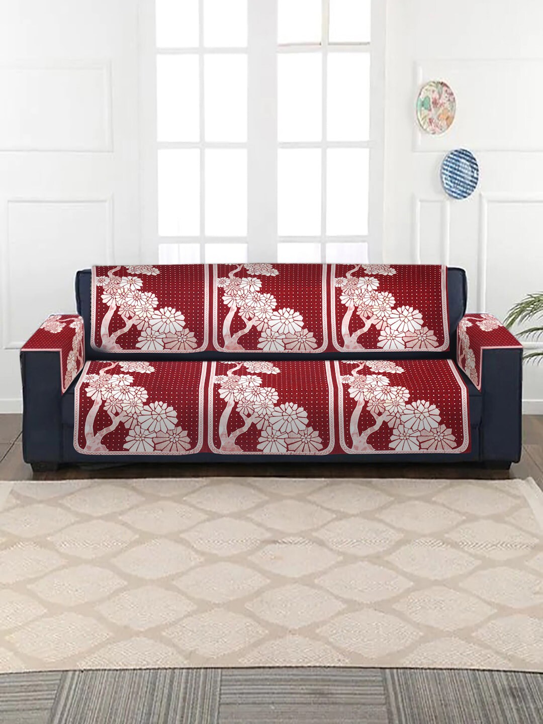 HOSTA HOMES Set Of 8 Red & White Self Design Velvet Three Seater Sofa Cover Price in India