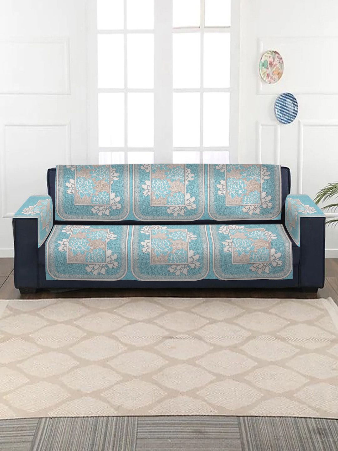 HOSTA HOMES Blue Floral Jacquard Velvet Quilted 3 Seater Sofa Cover Price in India