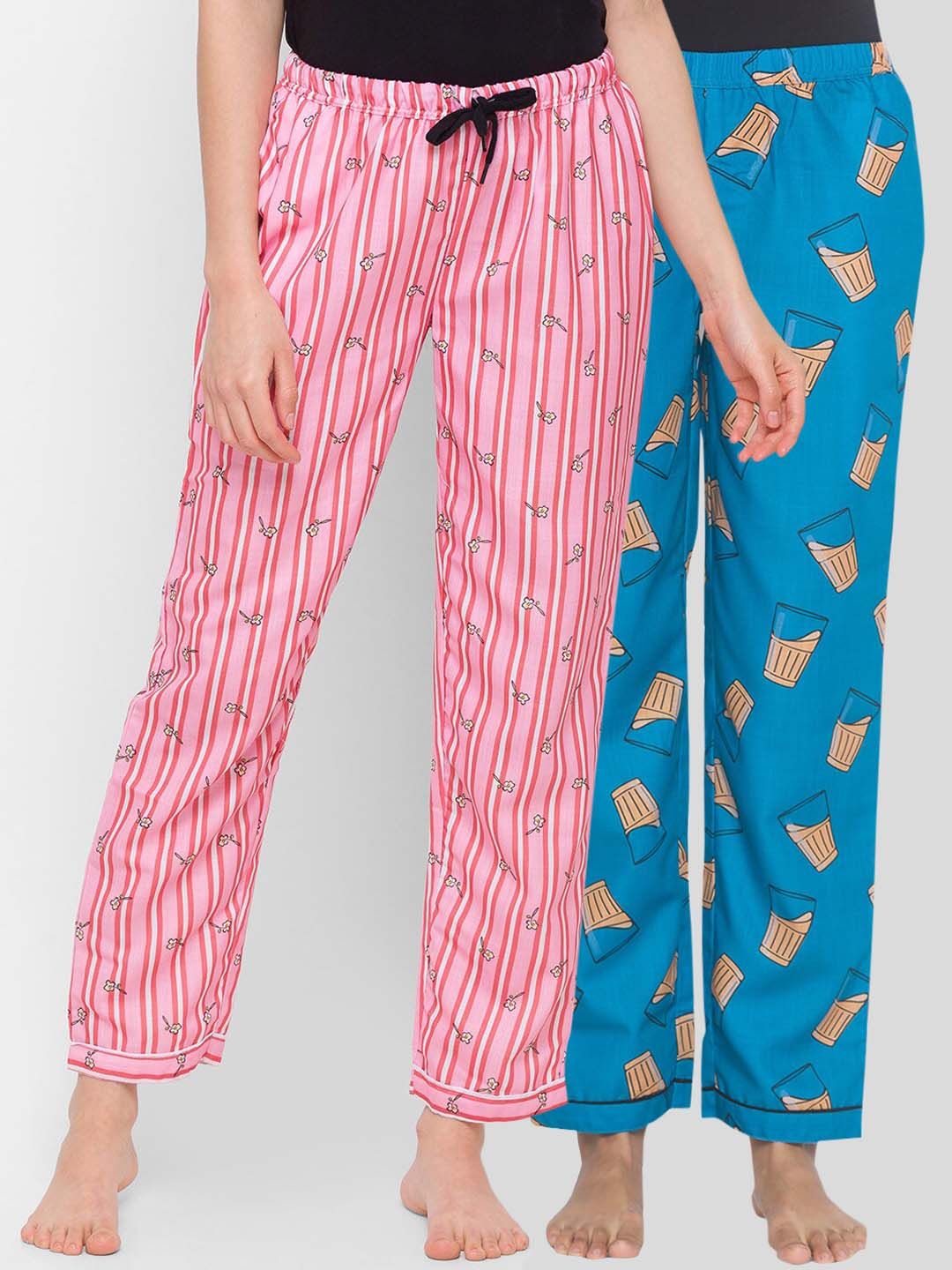 FashionRack Women Pack Of 2 Pink & Blue Printed Lounge Pants Price in India