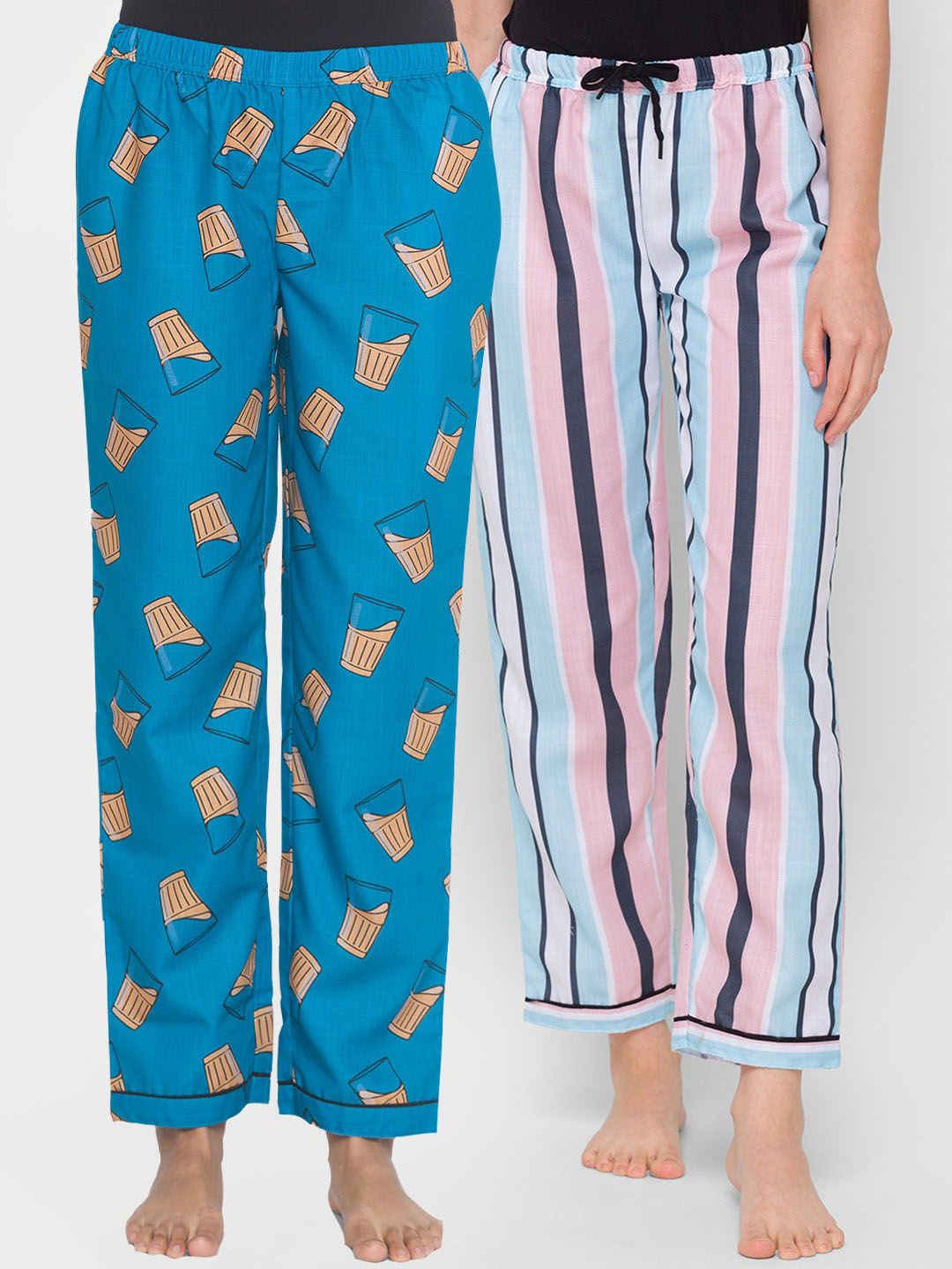 FashionRack Pack of 2 Women Blue & Pink Printed Lounge Pants Price in India