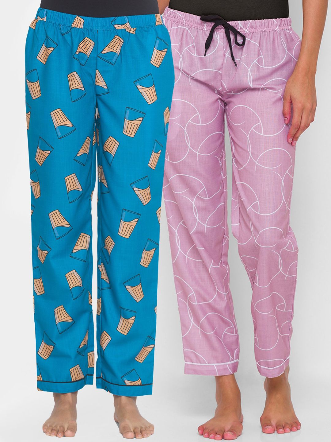 FashionRack Pack of 2 Pink & Blue Printed Cotton Lounge Pants Price in India