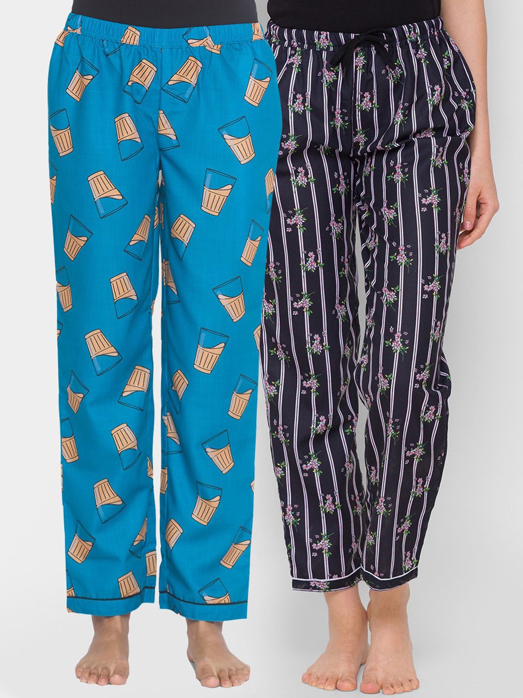 FashionRack Pack of 2 Black & Blue Printed Cotton Lounge Pants Price in India