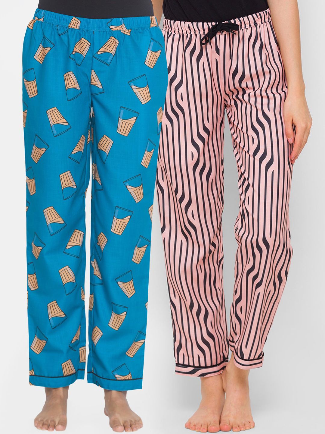 FashionRack Pack of 2 Blue & Beige Printed Cotton Lounge Pants Price in India