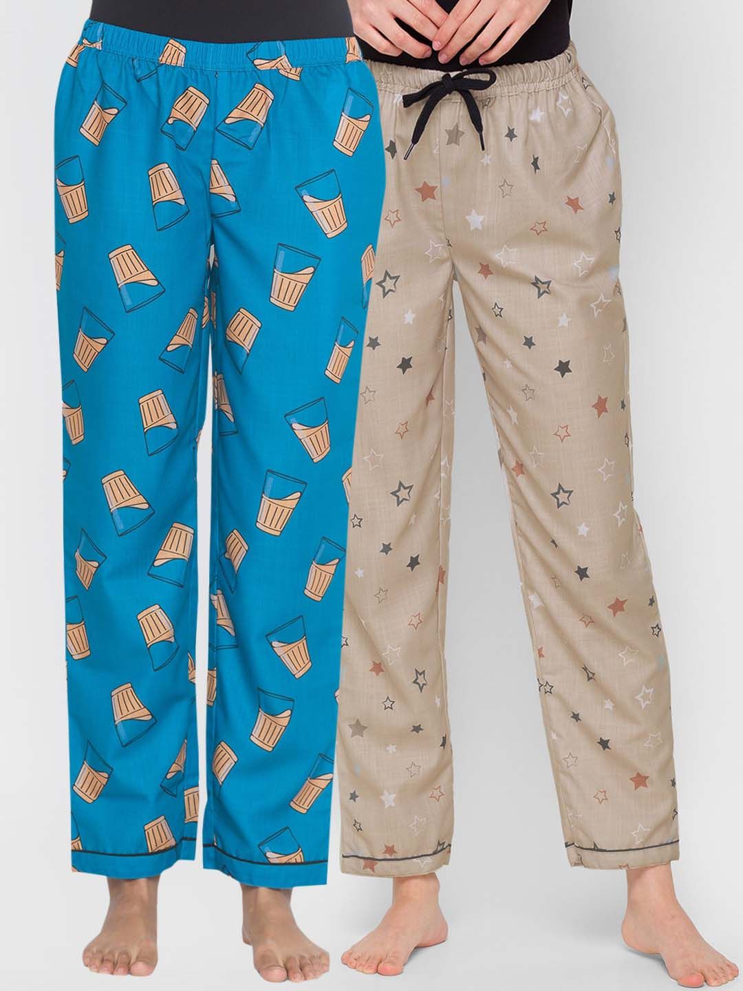 FashionRack Pack of 2 Women Blue & Beige Printed Lounge Pants Price in India