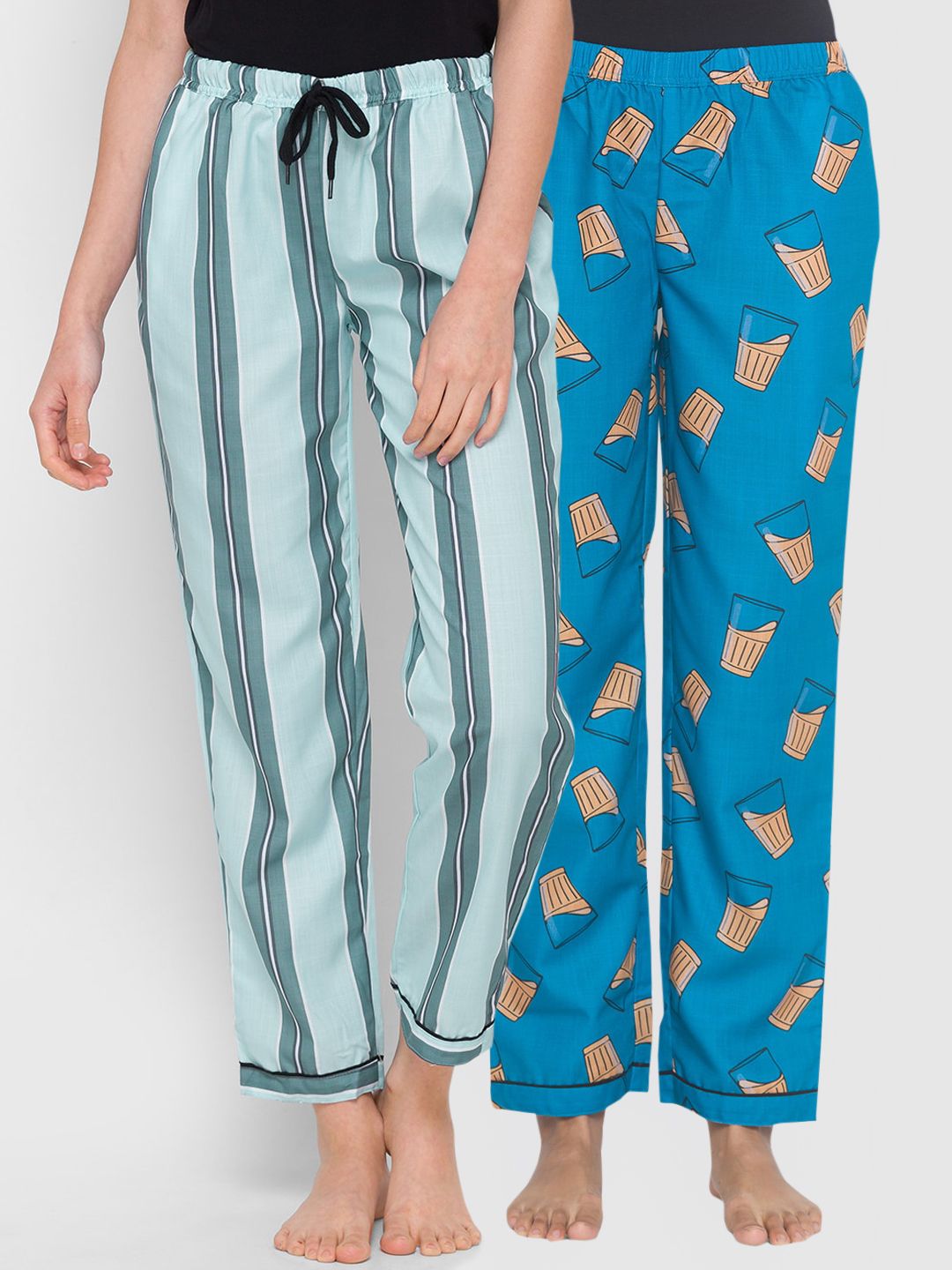 FashionRack Women Pack Of 2 Green & Blue Printed Lounge Pants Price in India