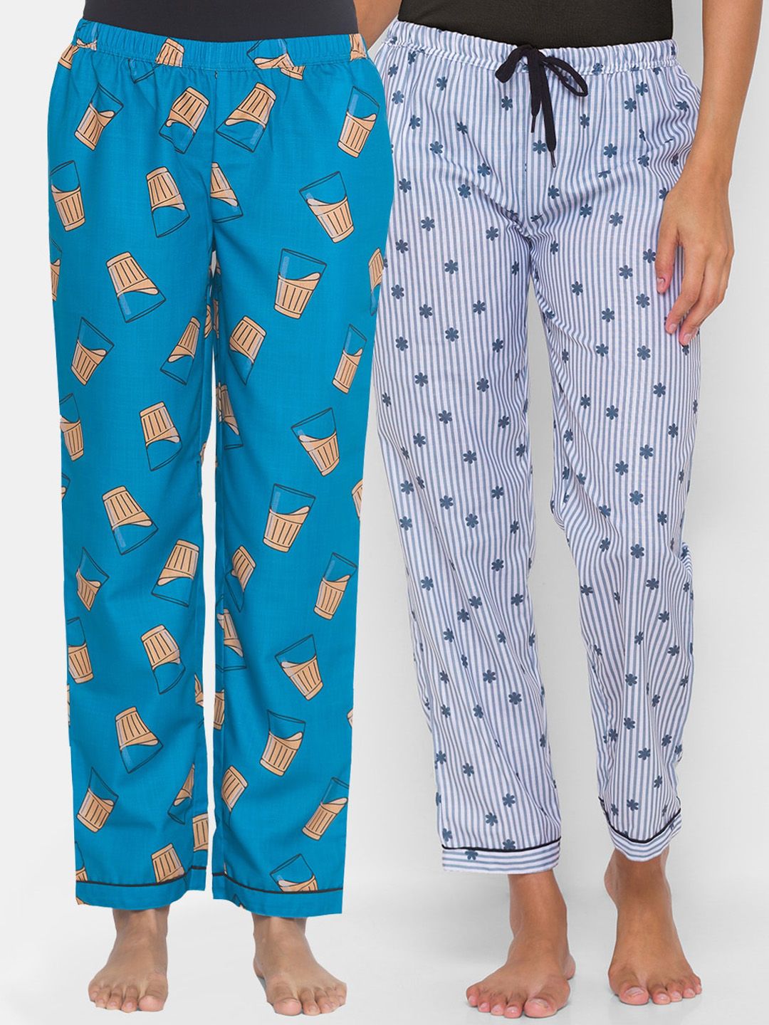 FashionRack Pack of 2 Women Blue & Grey Printed Lounge Pants Price in India