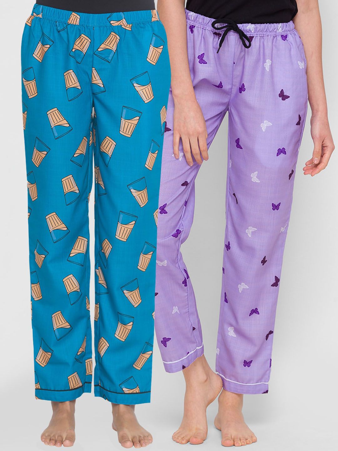 FashionRack Women Blue-Purple Set of 2 Cotton Lounge Pants Price in India