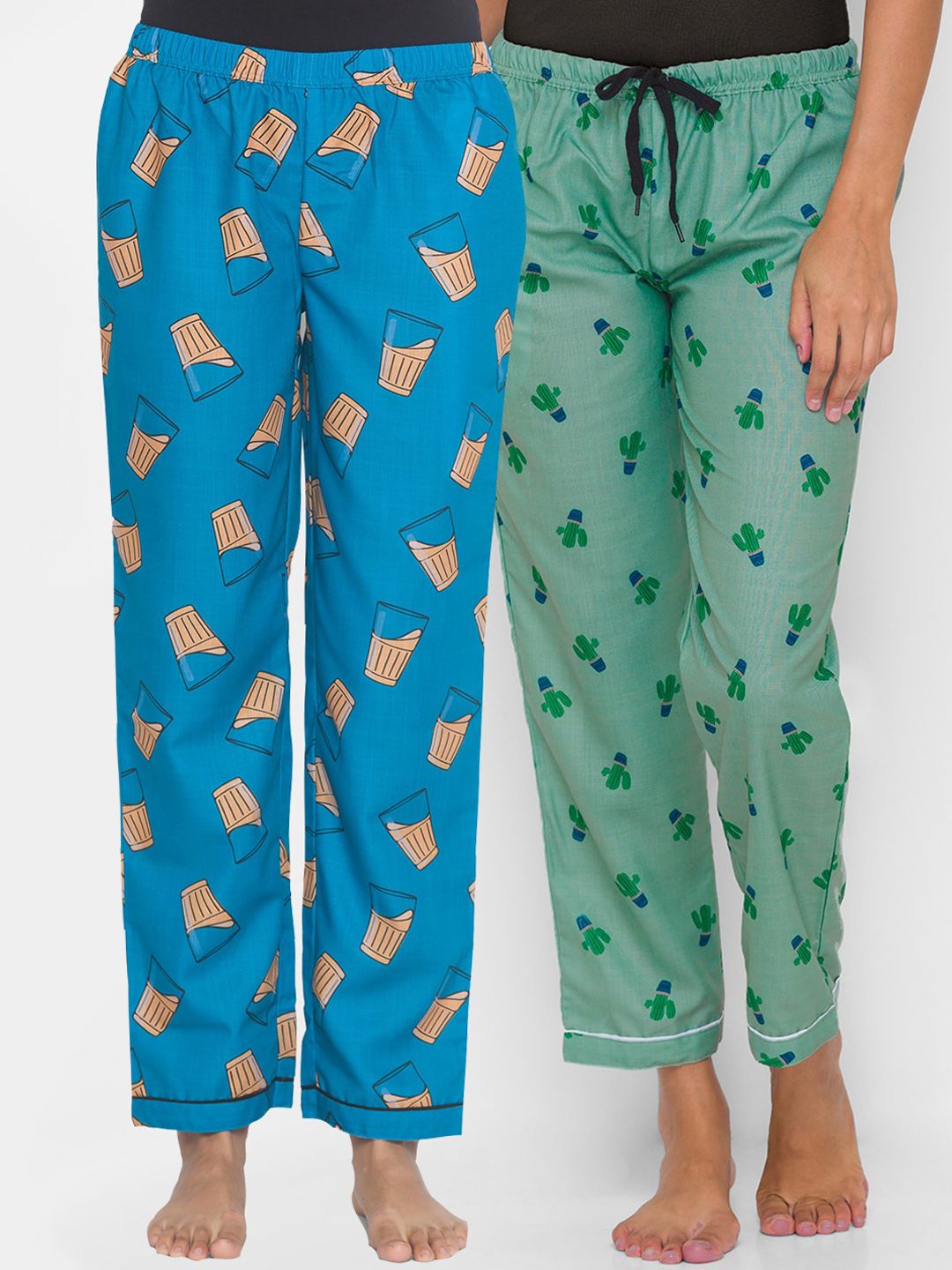 Fashion Rack Pack Of 2 Blue-Green Printed Cotton Lounge Pants Price in India