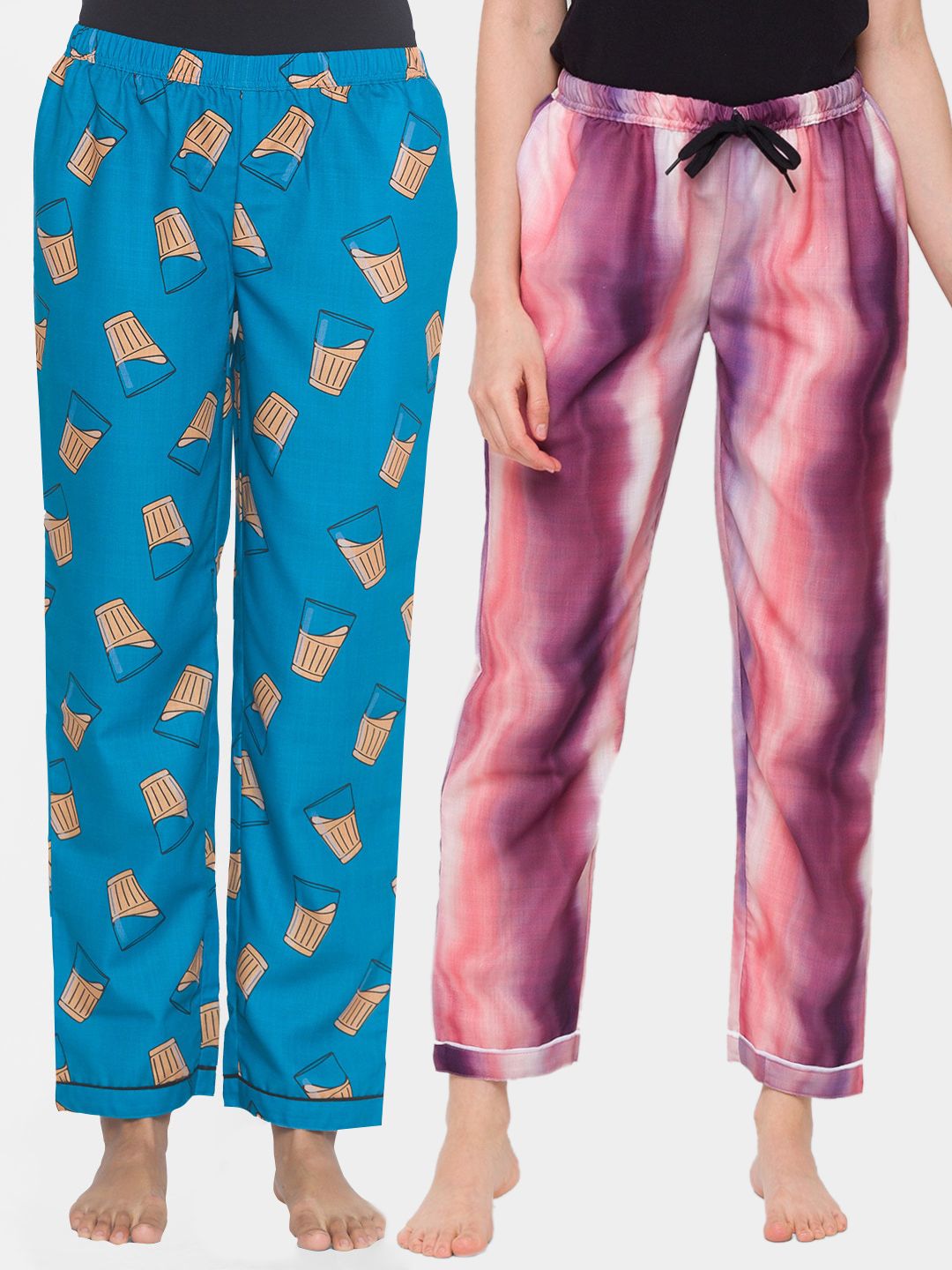 FashionRack Women Pack of 2 Blue & Purple Print and Tie Dye Cotton Lounge Pants Price in India