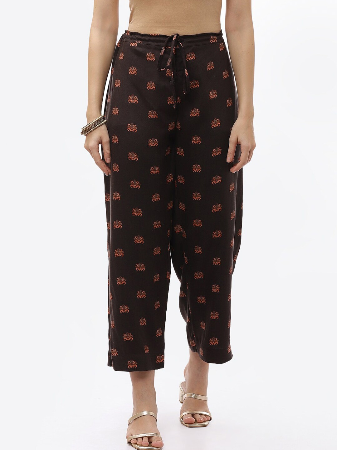 Biba Women Brown & Red Ethnic Motifs Printed Cropped Ethnic Palazzos Price in India