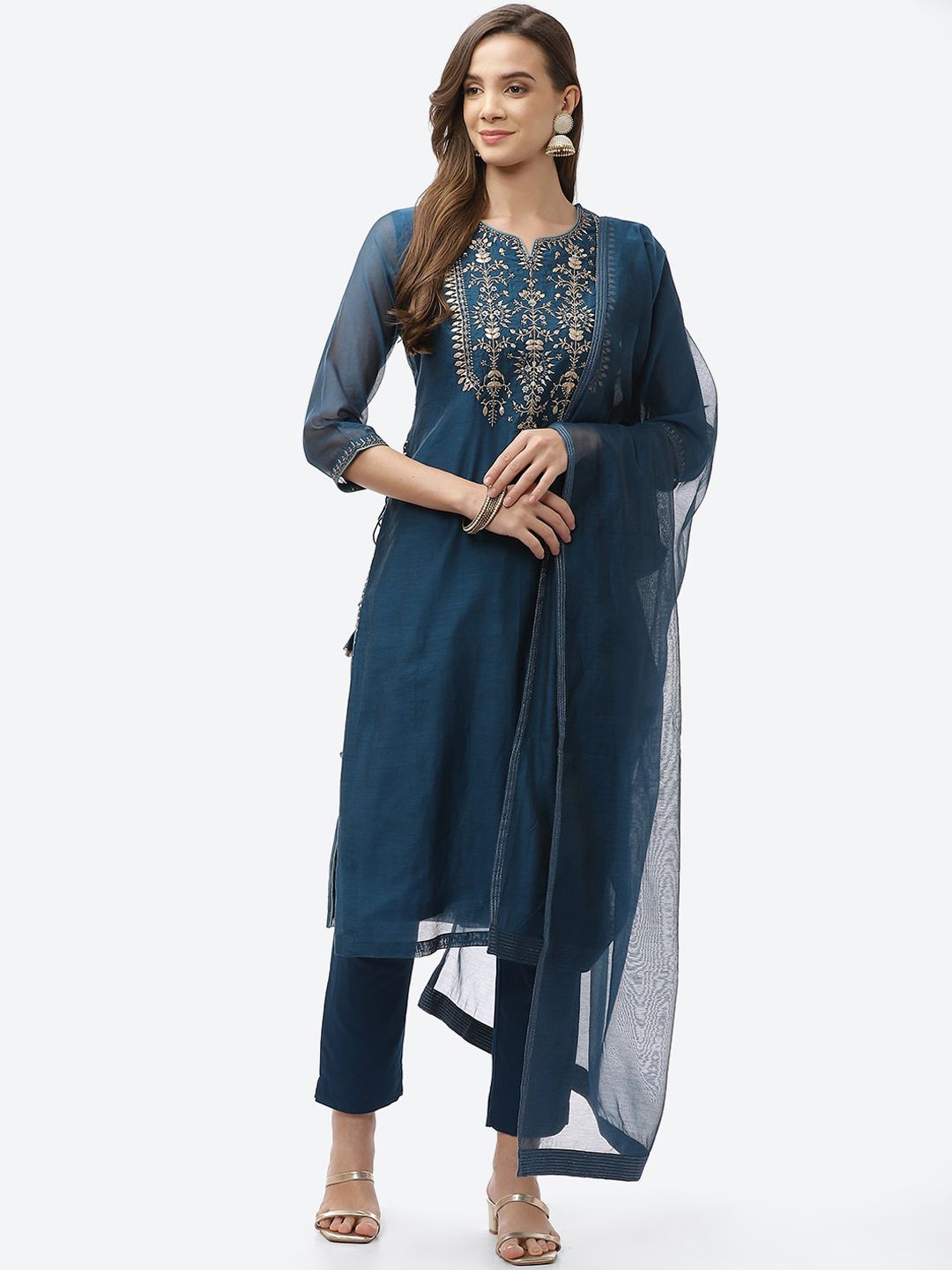 Biba Women Blue Floral Embroidered Tiered Kurta With Trousers & Dupatta Price in India